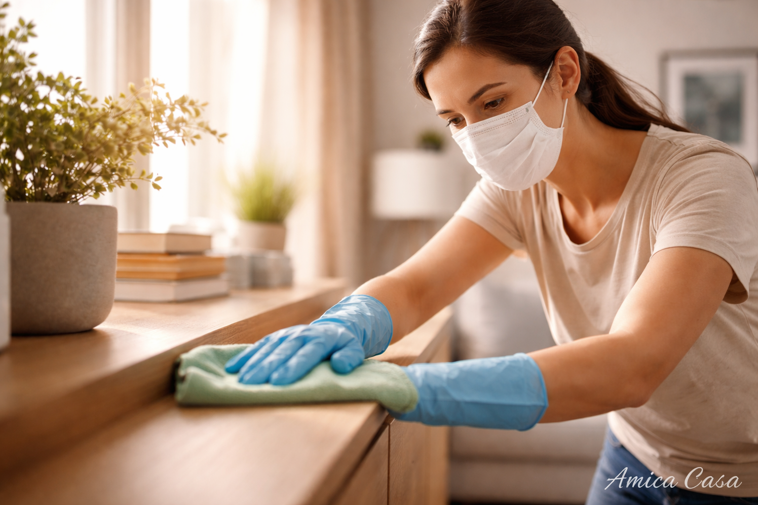 Pulizie di casa per allergia alla polvere: persona con mascherina pulisce con panno in microfibra in ambiente domestico moderno